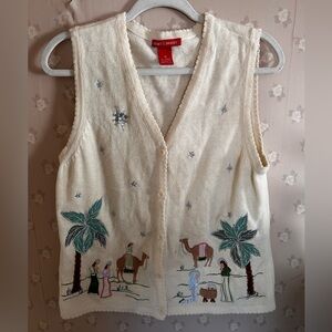 Merry & Bright Christmas Sweater Vest Medium Embroidered Nativity Scene Holiday